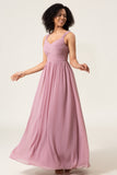 Dusty Rose A-Line Long Chiffon Bridesmaid Dress with Heart Shaped Open Back