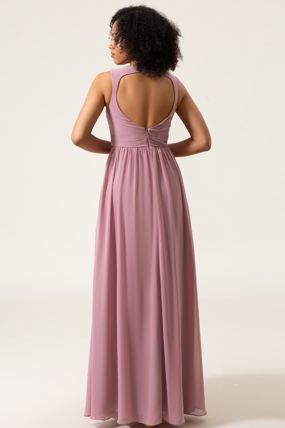 Dusty Rose A-Line Long Chiffon Bridesmaid Dress with Heart Shaped Open Back