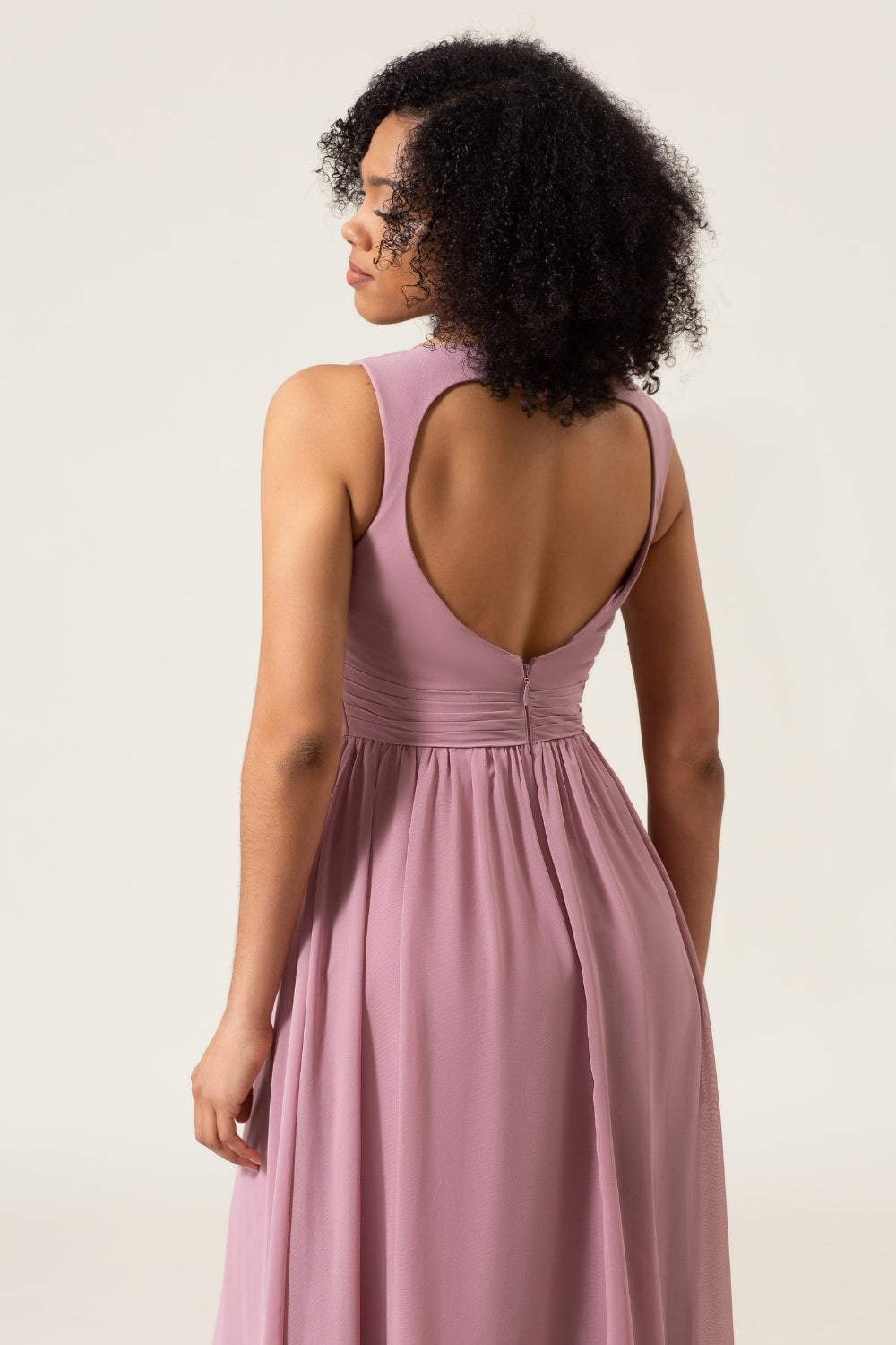Dusty Rose A-Line Long Chiffon Bridesmaid Dress with Heart Shaped Open Back