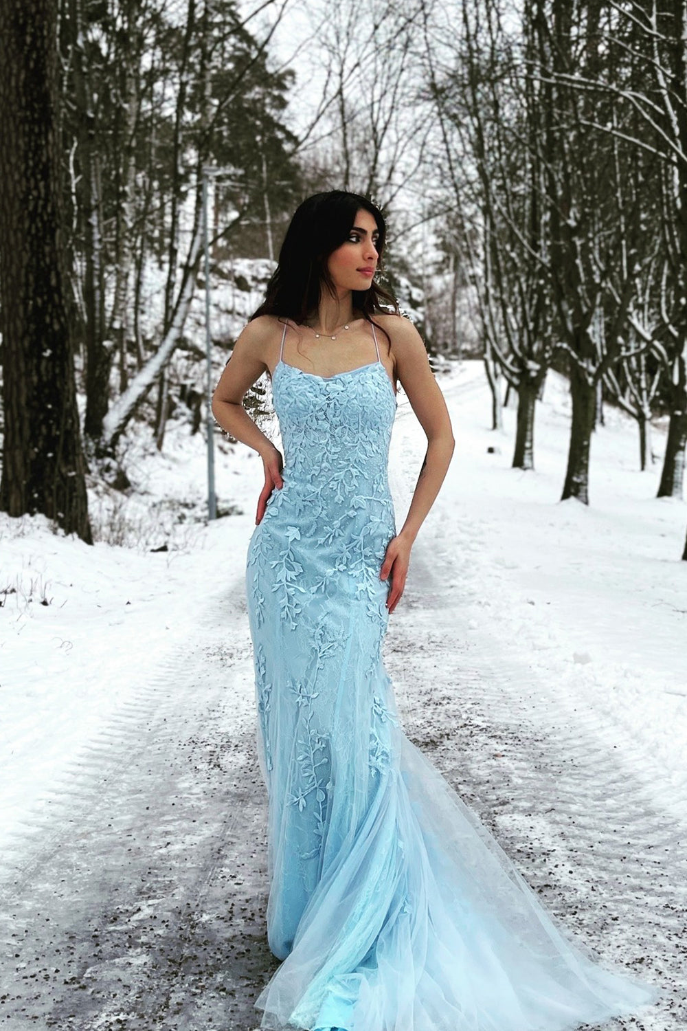 Blue Mermaid Spaghetti Straps Long Prom Dress with Appliques