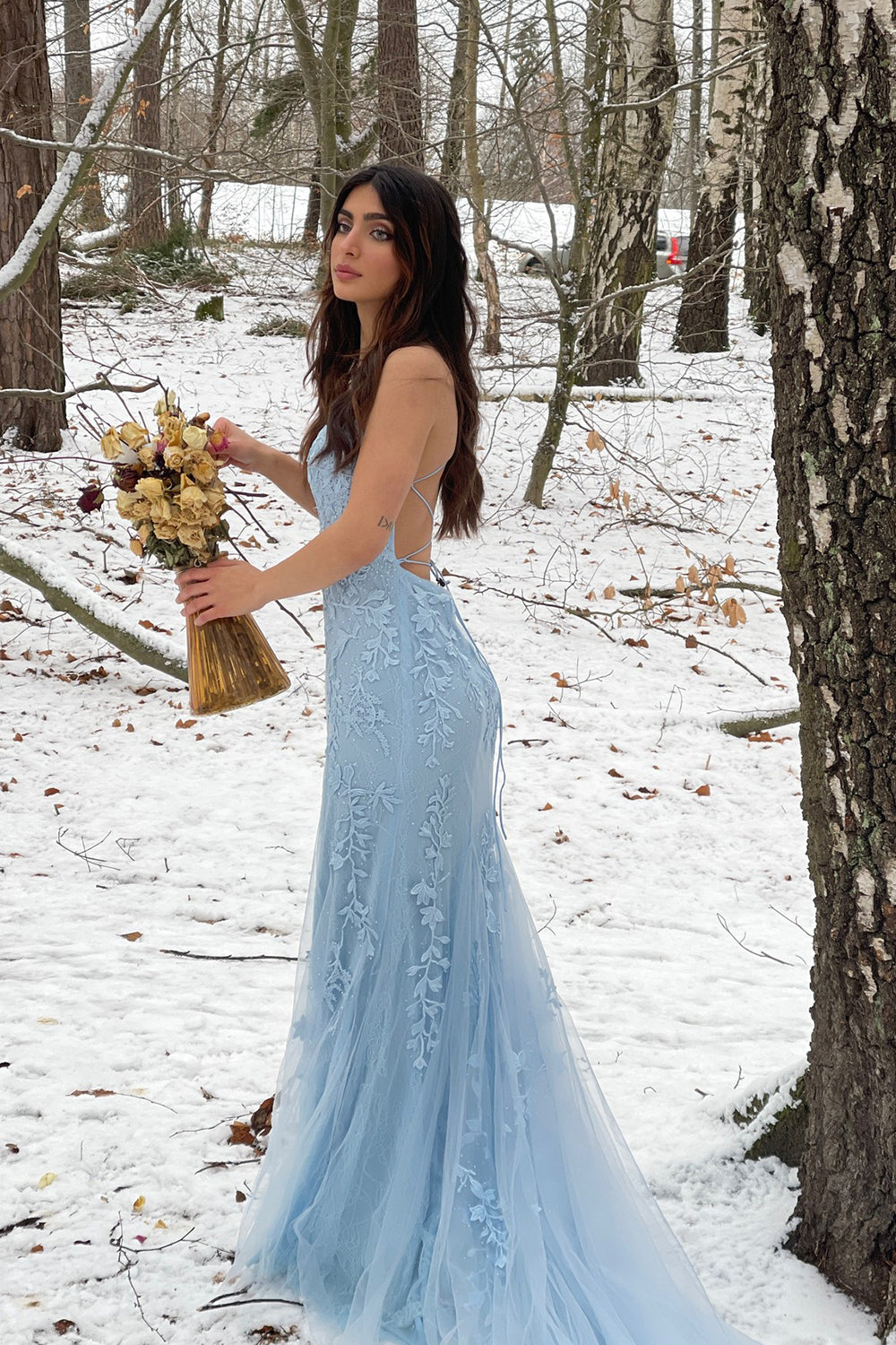 Blue Mermaid Spaghetti Straps Long Prom Dress with Appliques