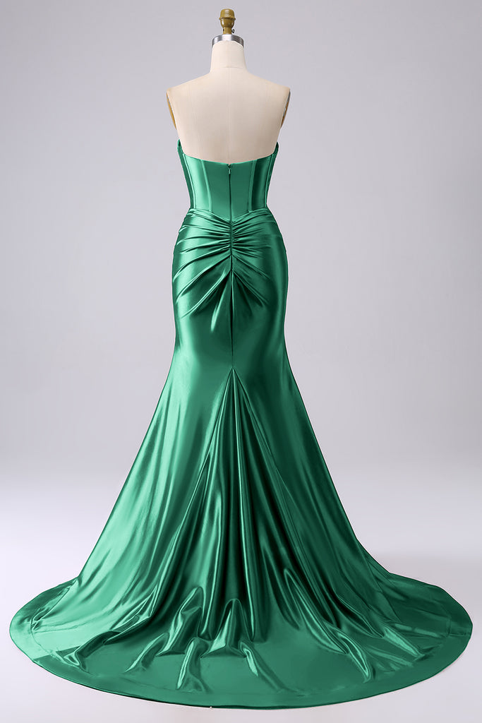 Sweetheart Bow Corset Sheath Prom Dresses With Slit Ocean Blue