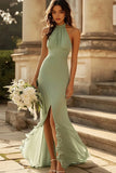 Dusty Sage Mermaid Halter Ruched Long Bridesmaid Dress With Slit