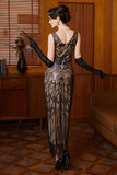 Black Apricot Gatsby Sheath Square Neck 1920s Dress with Sequins