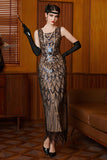 Black Apricot Gatsby Sheath Square Neck 1920s Dress with Sequins