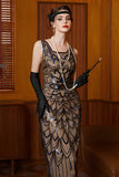 Black Apricot Gatsby Sheath Square Neck 1920s Dress with Sequins