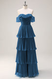 Eucalyptus A-Line Off The Shoulder Tiered Pleated Floor Length Bridesmaid Dress