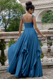 Pine A Line Spaghetti Straps Chiffon Long Asymmetrical Bridesmaid Dress with Ruffles