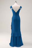 Dusty Sage Sheath V Neck Open Back Chiffon Long Bridesmaid Dress with Ruffles