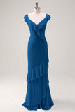 Dusty Sage Sheath V Neck Open Back Chiffon Long Bridesmaid Dress with Ruffles