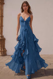 Dusty Blue Spaghetti Straps Chiffon A-Line Ruffled Bridesmaid Dress