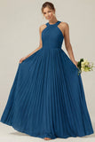 Dusty Sage A Line Halter Pleated Long Bridesmaid Dress