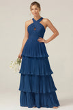 Lilac Halter Keyhole A Line Tiered Ruffle Pleated Bridesmaid Dress