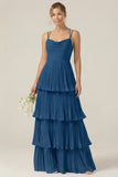 Dusty Sage Cowl Neck A Line Tiered Pleated Long Bridesmaid Dress
