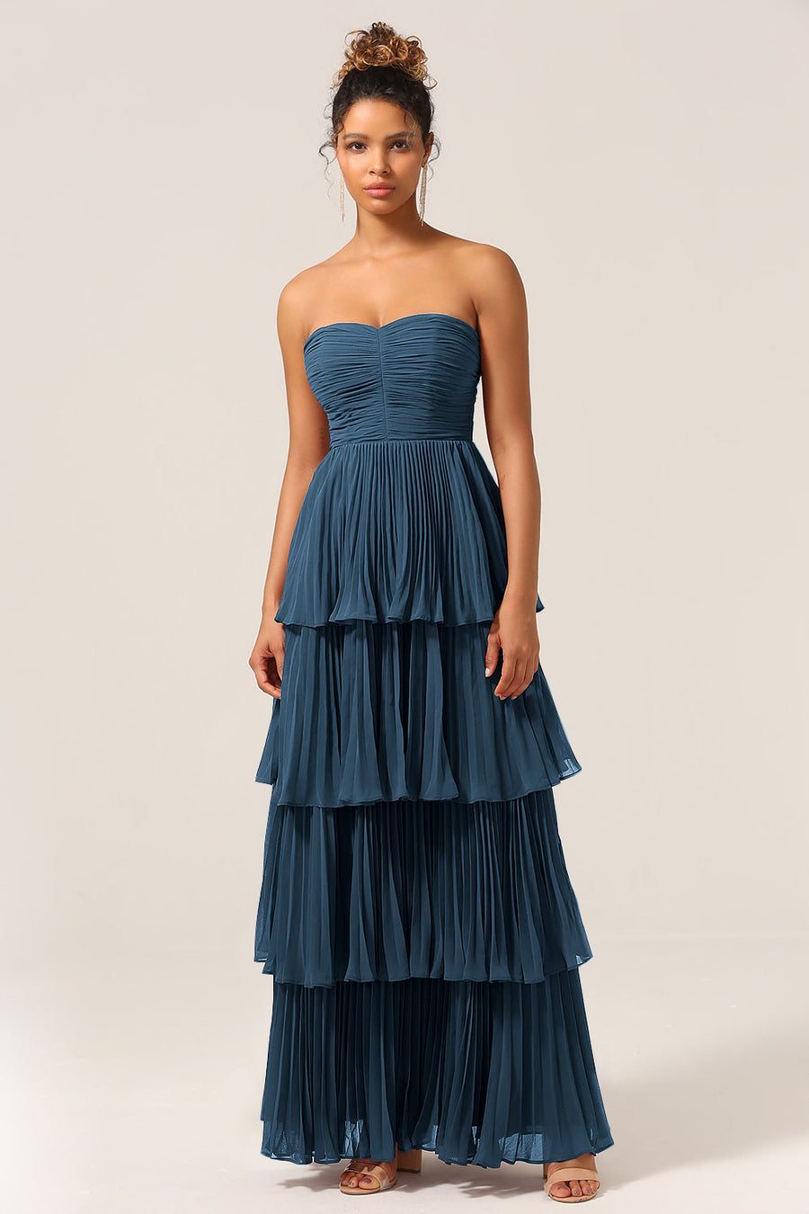 blue dress for baby girl Zapaka Women Matcha Chiffon Bridesmaid Dress with Ruffles A Line Spaghetti Straps Wedding Party Dress, Ink Blue / US6