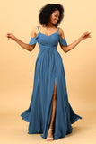 A Line Spaghetti Straps Long Chiffon Bridesmaid Dress With Slit