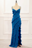 Spaghetti Straps Jade Tiered Mermaid Bridesmaid Dress With Slit