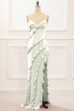 Spaghetti Straps Jade Tiered Mermaid Bridesmaid Dress With Slit