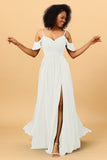 A Line Spaghetti Straps Long Chiffon Bridesmaid Dress With Slit