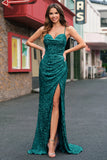 Light Blue Mermaid Sparkly Sequins Long Prom Dress with Slit