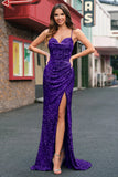 Light Blue Mermaid Sparkly Sequins Long Prom Dress with Slit