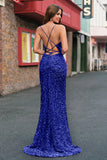 Light Blue Mermaid Sparkly Sequins Long Prom Dress with Slit