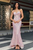 Pink Mermaid Sweetheart Sequins Corset Long Prom Dress