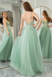 Green A Line Tulle Long Prom Dress With Appliques