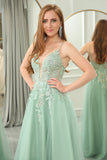 Green A Line Tulle Long Prom Dress With Appliques