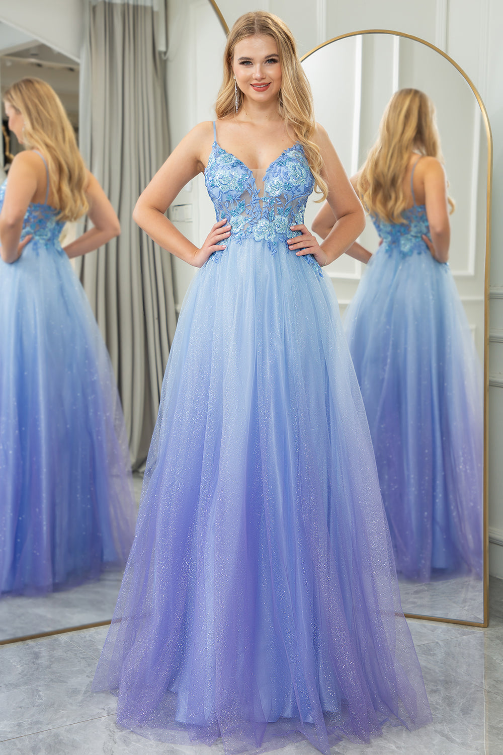 Wedtrend Women Sparkly Blue Prom Dress A Line Spaghetti Straps Gradient Tulle Long Party Dress With Appliques WEDTREND Wedtrend Women Sparkly Blue Prom Dress A Line Spaghetti Straps Gradient Tulle Long Party Dress With Appliques WEDTREND