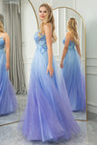 Sparkly Blue A Line Gradient Tulle Long Prom Dress With Appliques