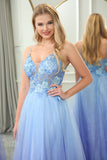 Sparkly Blue A Line Gradient Tulle Long Prom Dress With Appliques