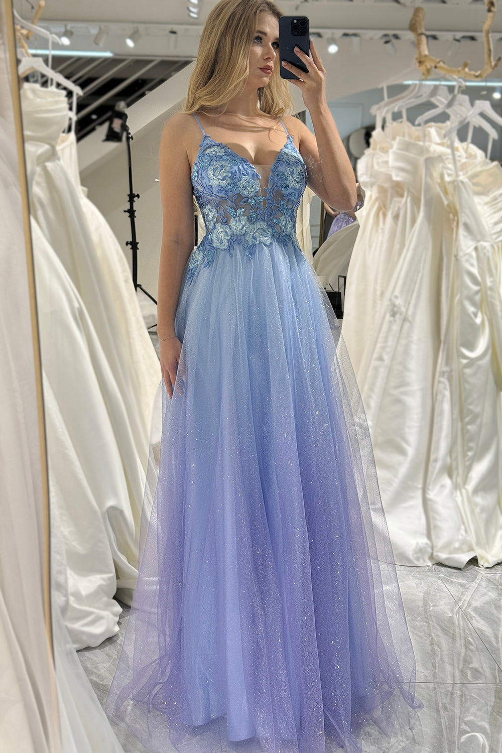 Sparkly Blue A Line Gradient Tulle Long Prom Dress With Appliques