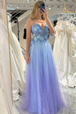 Sparkly Blue A Line Gradient Tulle Long Prom Dress With Appliques