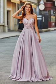 Sparkly Blush A-Line Long Applique Corset Long Prom Dress With Pocket