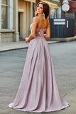 Sparkly Blush A-Line Long Applique Corset Long Prom Dress With Pocket