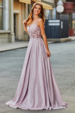 Sparkly Blush A-Line Long Applique Corset Long Prom Dress With Pocket