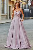 Sparkly Blush A Line Beaded Applique Long Prom Dress With Pocket