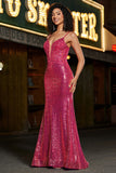 Sparkly Fuchsia Mermaid Spaghetti Straps Long Prom Dress with Sequins