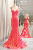 Fuchsia Mermaid Spaghetti Straps Sparkly Corset Prom Dress with Sequins