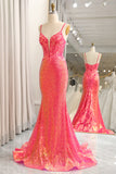 Fuchsia Mermaid Spaghetti Straps Sparkly Corset Prom Dress with Sequins