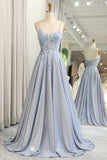 Glitter Grey Blue A-Line Spaghetti Straps Long Prom Dress With Appliques