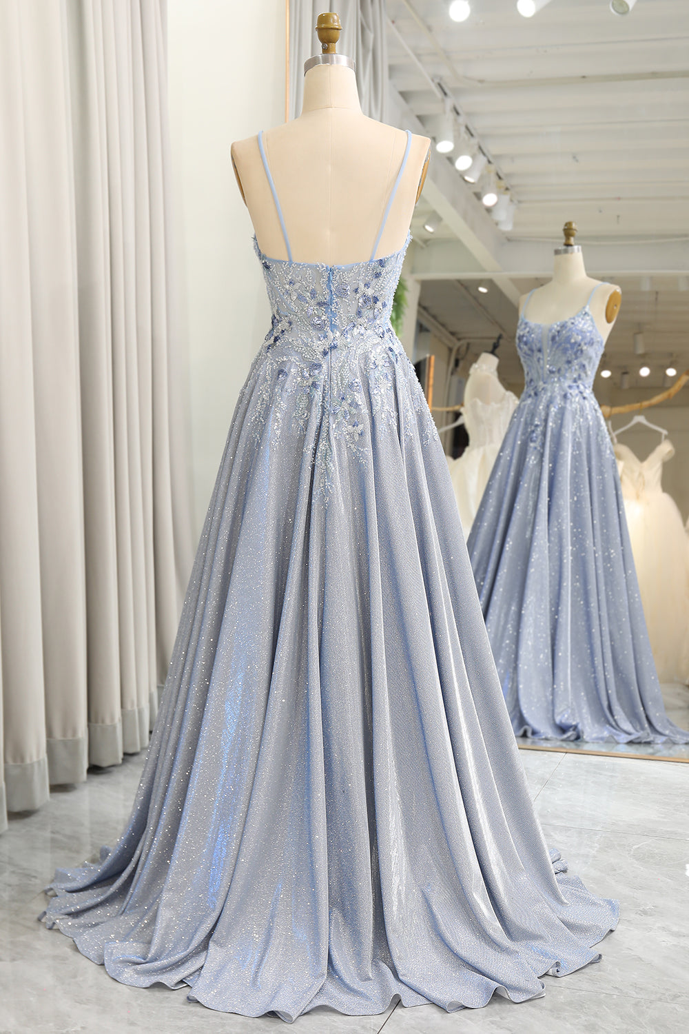 Wedtrend Women Glitter Grey Blue Prom Dress A-Line Spaghetti Straps Long Evening Dress With Appliques, Grey Blue / US22W