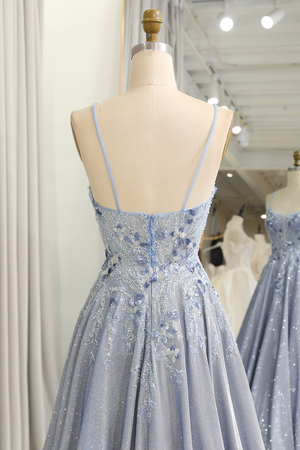 Wedtrend Women Glitter Grey Blue Prom Dress A-Line Spaghetti Straps Long Evening Dress With Appliques WEDTREND Wedtrend Women Glitter Grey Blue Prom Dress A-Line Spaghetti Straps Long Evening Dress With Appliques WEDTREND