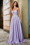 Glitter Lilac A-Line Spaghetti Straps Long Prom Dress With Beading