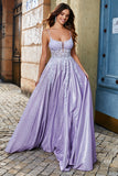 Glitter Lilac A-Line Spaghetti Straps Long Prom Dress With Beading