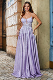 Glitter Lilac A-Line Spaghetti Straps Long Prom Dress With Beading