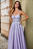 Glitter Lilac A-Line Spaghetti Straps Long Prom Dress With Beading