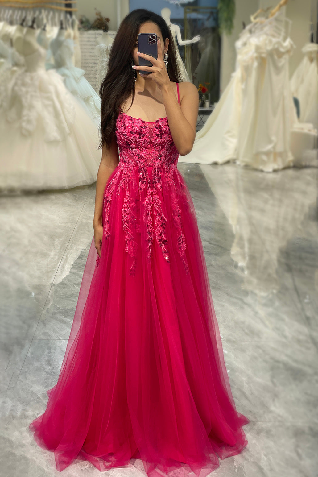 A Line Fuchsia Spaghetti Straps Tulle Long Prom Dress With  Appliques