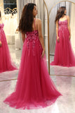 A Line Fuchsia Spaghetti Straps Tulle Long Prom Dress With  Appliques